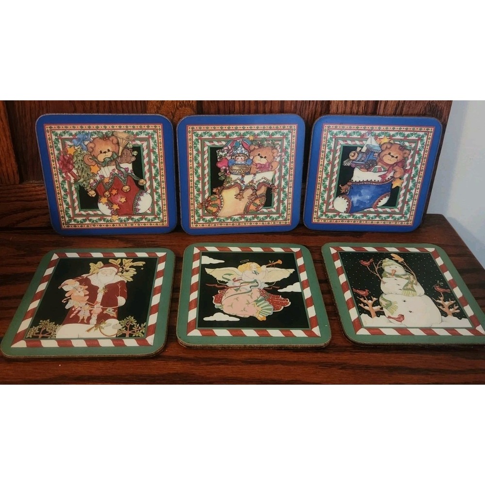 Vtg Pimpernel Christmas Bear Angel  Coasters Set of 6‎ with Box cork back